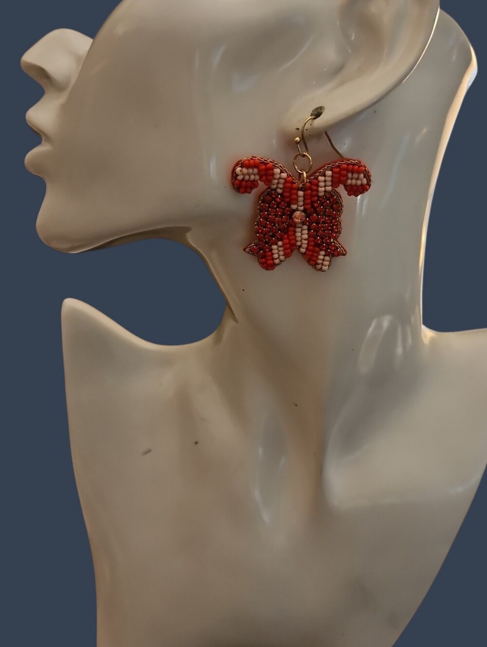 3/$30 CATO Red Beaded Christmas Candy Cane Bow Drop Earrings